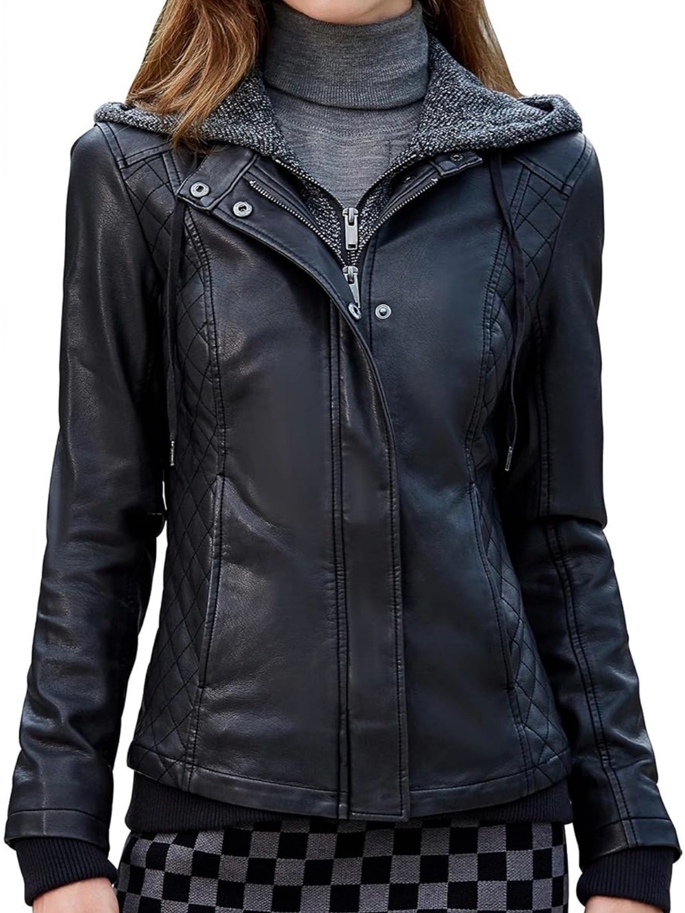 Black Quilted Panel Faux Leather Jacket - Women